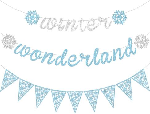 3 Pieces Snowflake Winter Wonderland Banner Snowflake Paper Garland Snowflake Hanging Banner Silver Glittery Snowflake Decorations for Snow Christmas Wedding Birthday Party (Blue, Silver) in Saudi Arabia