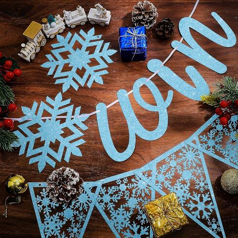3 Pieces Snowflake Winter Wonderland Banner Snowflake Paper Garland Snowflake Hanging Banner Silver Glittery Snowflake Decorations for Snow Christmas Wedding Birthday Party (Blue, Silver) in Saudi Arabia