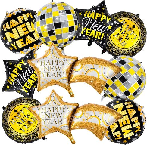 10 قطع من بالونات السنة الجديدة السعيدة 2023 من ان واي اي 2023، بالونات نجوم ديسكو لتزيين العام الجديد 2023 in Kuwait
