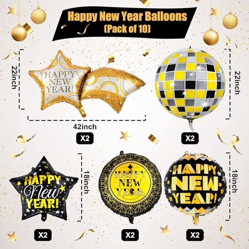 10 قطع من بالونات السنة الجديدة السعيدة 2023 من ان واي اي 2023، بالونات نجوم ديسكو لتزيين العام الجديد 2023 in Kuwait