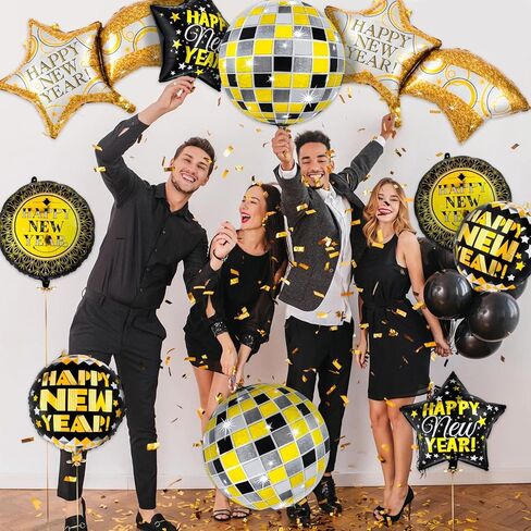 10 قطع من بالونات السنة الجديدة السعيدة 2023 من ان واي اي 2023، بالونات نجوم ديسكو لتزيين العام الجديد 2023 in Kuwait
