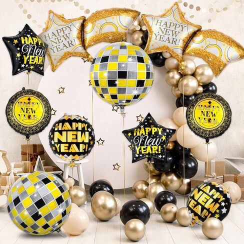 10 قطع من بالونات السنة الجديدة السعيدة 2023 من ان واي اي 2023، بالونات نجوم ديسكو لتزيين العام الجديد 2023 in Kuwait