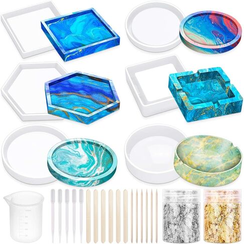 قوالب منفضة سجائر للراتنج، 6 قطع من قوالب الراتنج مع قوالب كوستر قوالب منفضة سجائر الإيبوكسي رقائق رقائق رقائق وأكواب خلط السيليكون للصب الراتنج in Kuwait