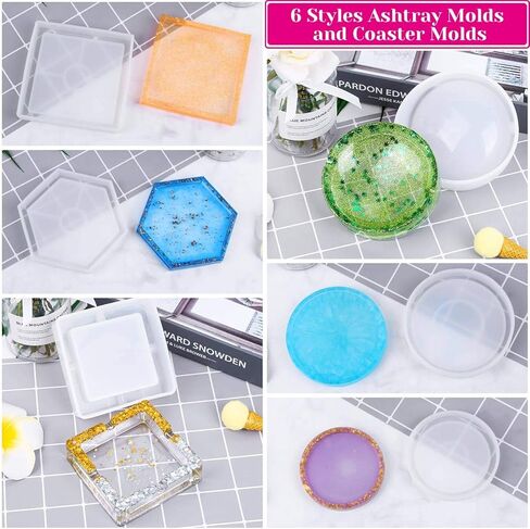 قوالب منفضة سجائر للراتنج، 6 قطع من قوالب الراتنج مع قوالب كوستر قوالب منفضة سجائر الإيبوكسي رقائق رقائق رقائق وأكواب خلط السيليكون للصب الراتنج in Kuwait