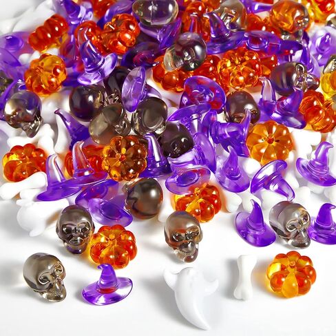 240 Pcs Halloween Mini Acrylic Pumpkin Ornaments Mini Skull Head Small Witch Hats Mini Skeleton Bones Cute Ghost Ornaments Table Scatter Vase Filler for Thanksgiving Fall Autumn Halloween Party in Saudi Arabia