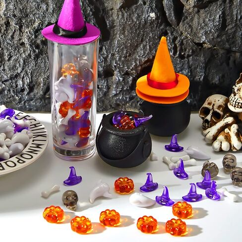 240 Pcs Halloween Mini Acrylic Pumpkin Ornaments Mini Skull Head Small Witch Hats Mini Skeleton Bones Cute Ghost Ornaments Table Scatter Vase Filler for Thanksgiving Fall Autumn Halloween Party in Saudi Arabia