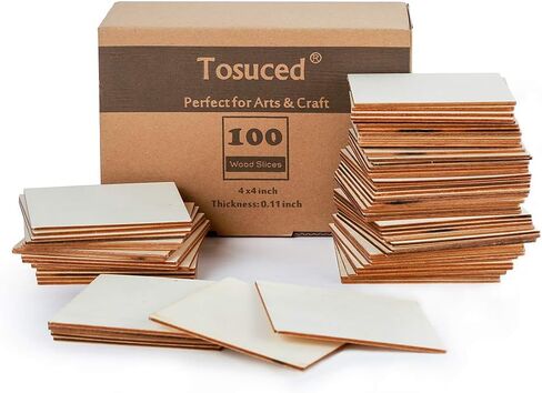 قطع خشبية غير مكتملة 100 قطعة مربعة فارغة 4 × 4 بوصة شرائح خشبية للحرف اليدوية، قواعد أكواب، زخارف خشبية، زينة حروف مشحشة DIY in Kuwait