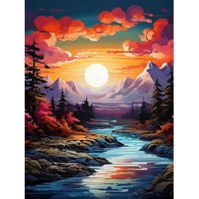Zariocy 5D Diamond Painting Kits Sunset Stream, DIY Paint with Diamond Art Mountains Rivers Round Full Drill Crystal Diamond Embroidery Paintings Arts Craft for Home Office Wall Decor 12x16 inch in Saudi Arabia
