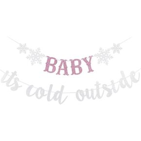 Silver and Pink Glitter Baby It's Cold Outside Banner Baby Its Cold Outside Baby Shower Banner Winter Wonderland Baby Shower Banner for Winter Wonderland Birthday Baby Shower Party Decorations in Kuwait