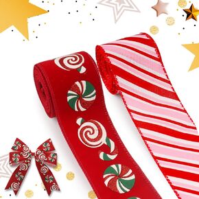 2 Rolls Christmas Fabric Ribbon Candy Cane Burlap Linen Ribbons Glitter Pink White Red Strips Edge Wired Decor Ribbons for Winter New Year Xmas Party Gift Wrapping Crafts Decoration Supplies 5 Yards