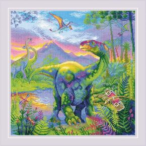 RIOLIS Cross Stitch Kit The Era of Dinosaurs, 15 3/4" x 15 3/4" (40 x 40 cm), Stranded Cotton, Cross-Stitch, Half Cross-Stitch, Back Stitch and Combined Colors, Included All Supplies in Kuwait