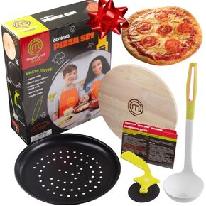 MasterChef Junior Pizza Cooking Set - 5 Pc Kit Includes Real Cookware for Kids w Recipes, Wood Board, Cutting Roller - Make Awesome Homemade Pizza, Great Gifts Birthday Summer Activity for Children in Saudi Arabia