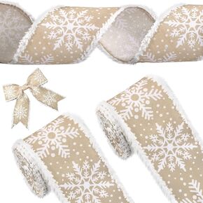 2 Rolls Snowflake Wired Edge Ribbon Christmas Tree Ribbon Decorative Seasonal Bows Ribbon Christmas Ribbon for Xmas Winter Holiday Decor DIY Gift Wrapping Garland Wreath Gift Baskets (6 Yard, Natural)