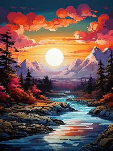 Zariocy 5D Diamond Painting Kits Sunset Stream, DIY Paint with Diamond Art Mountains Rivers Round Full Drill Crystal Diamond Embroidery Paintings Arts Craft for Home Office Wall Decor 12x16 inch in Saudi Arabia