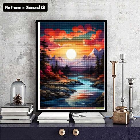 Zariocy 5D Diamond Painting Kits Sunset Stream, DIY Paint with Diamond Art Mountains Rivers Round Full Drill Crystal Diamond Embroidery Paintings Arts Craft for Home Office Wall Decor 12x16 inch in Saudi Arabia