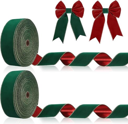 Giegxin 2 Rolls 100 Yard Christmas Velvet Ribbon Wired Gold Edge Ribbon Xmas Gift Wrapping Ribbon for Christmas Crafts Arrangement Decoration(Green and Gold, 1.5 Inch x 50 Yard) in Kuwait