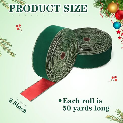 Giegxin 2 Rolls 100 Yard Christmas Velvet Ribbon Wired Gold Edge Ribbon Xmas Gift Wrapping Ribbon for Christmas Crafts Arrangement Decoration(Green and Gold, 1.5 Inch x 50 Yard) in Kuwait