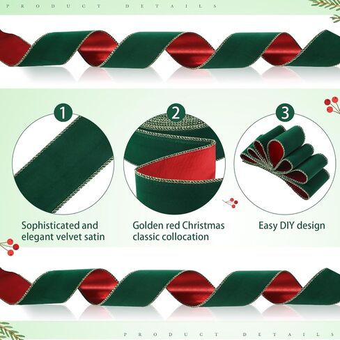 Giegxin 2 Rolls 100 Yard Christmas Velvet Ribbon Wired Gold Edge Ribbon Xmas Gift Wrapping Ribbon for Christmas Crafts Arrangement Decoration(Green and Gold, 1.5 Inch x 50 Yard) in Kuwait