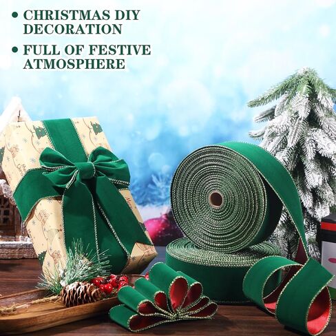 Giegxin 2 Rolls 100 Yard Christmas Velvet Ribbon Wired Gold Edge Ribbon Xmas Gift Wrapping Ribbon for Christmas Crafts Arrangement Decoration(Green and Gold, 1.5 Inch x 50 Yard) in Kuwait