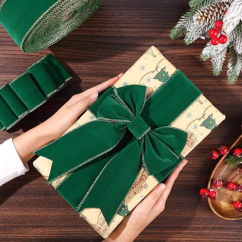 Giegxin 2 Rolls 100 Yard Christmas Velvet Ribbon Wired Gold Edge Ribbon Xmas Gift Wrapping Ribbon for Christmas Crafts Arrangement Decoration(Green and Gold, 1.5 Inch x 50 Yard) in Kuwait