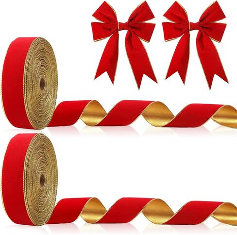 Giegxin 2 Rolls 100 Yard Christmas Velvet Ribbon Wired Gold Edge Ribbon Xmas Gift Wrapping Ribbon for Christmas Crafts Arrangement Decoration(Green and Gold, 1.5 Inch x 50 Yard) in Kuwait