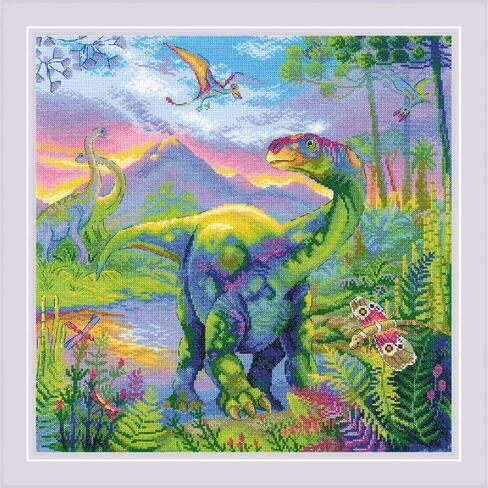 RIOLIS Cross Stitch Kit The Era of Dinosaurs, 15 3/4" x 15 3/4" (40 x 40 cm), Stranded Cotton, Cross-Stitch, Half Cross-Stitch, Back Stitch and Combined Colors, Included All Supplies in Saudi Arabia