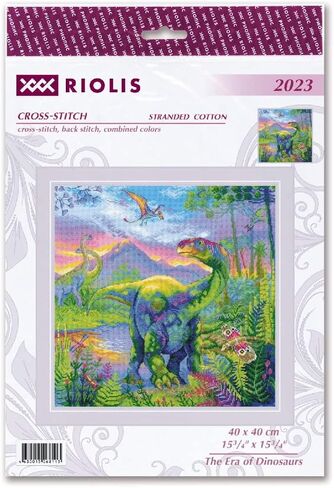 RIOLIS Cross Stitch Kit The Era of Dinosaurs, 15 3/4" x 15 3/4" (40 x 40 cm), Stranded Cotton, Cross-Stitch, Half Cross-Stitch, Back Stitch and Combined Colors, Included All Supplies in Saudi Arabia