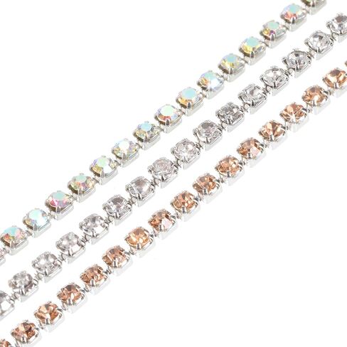 MECCANIXITY 3 Pack 11 Yard 2mm Crystal Rhinestone Diamond Close Chain Trim Trimming Claw Cup Chain for Sewing, Crafts, DIY Jewelry Wedding Silver Colorful Champagne in Kuwait