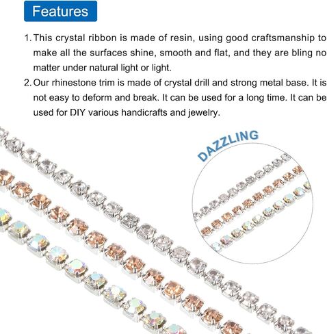 MECCANIXITY 3 Pack 11 Yard 2mm Crystal Rhinestone Diamond Close Chain Trim Trimming Claw Cup Chain for Sewing, Crafts, DIY Jewelry Wedding Silver Colorful Champagne in Kuwait