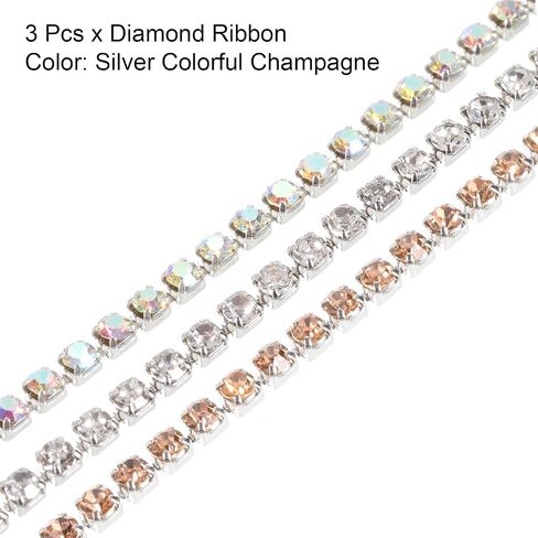 MECCANIXITY 3 Pack 11 Yard 2mm Crystal Rhinestone Diamond Close Chain Trim Trimming Claw Cup Chain for Sewing, Crafts, DIY Jewelry Wedding Silver Colorful Champagne in Kuwait