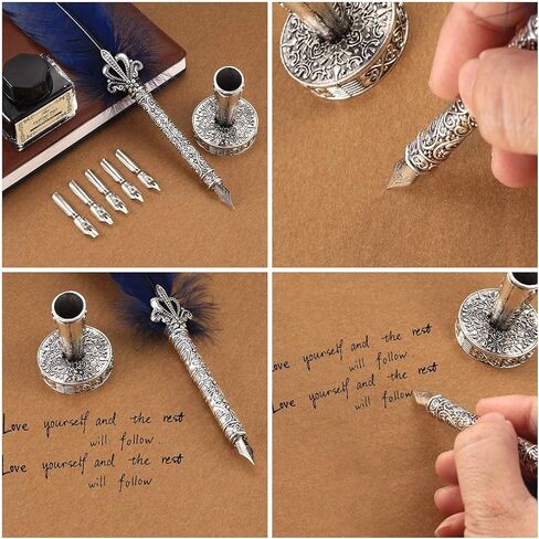 قلم ريشة، مجموعة أقلام ريشة مصنوعة يدويًا، قلم ريشة للكتابة بالخط العتيق مع حبر، قلم ريشة مع حبر وأطراف فولاذية، مجموعة قلم ريشة، 6 سنون بديلة/يحتوي على حبر (أزرق داكن) 1 in Kuwait