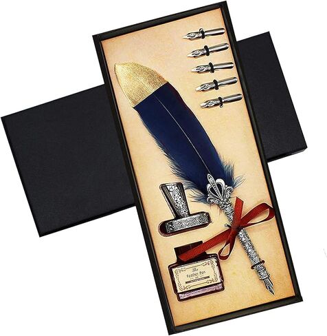 قلم ريشة، مجموعة أقلام ريشة مصنوعة يدويًا، قلم ريشة للكتابة بالخط العتيق مع حبر، قلم ريشة مع حبر وأطراف فولاذية، مجموعة قلم ريشة، 6 سنون بديلة/يحتوي على حبر (أزرق داكن) 1 in Kuwait