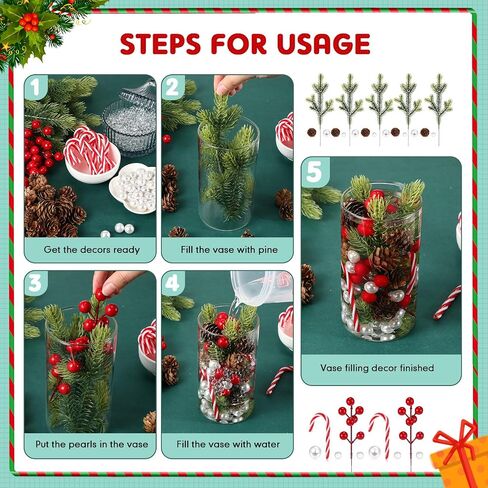 Tigeen 6088 Pcs Christmas Vase Filler Pearls for Vases Pine Picks Branches Red Berries Pine Cones Water Gels Beads Candy Canes for Xmas Tree Party Holiday DIY Table Home Decor in Saudi Arabia