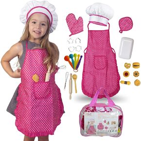 Next Milestones Chef Baking Set and Cooking Costume for Kids 19pc Apron Chef Hat Oven Mitt Hand Mixer Cookie Cutters Measuring Spoons Wooden Rolling Pin Wooden Ladle Mixer and Bag for Toy Storage in Kuwait