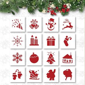 16PCS Christmas Stencils for Painting on Wood Wall, Christmas Theme Pattern Templates for DIY Home Winter Christmas Decorations, Paint Wood Signs, Reusable Plastic Stencil