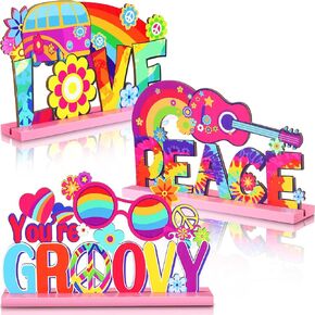 3 Pcs Groovy 60's Party Supplies Hippie Party Wooden Centerpieces for Tables Decorations Peace Sign Table Tie Dye Party Table Topper Centerpiece Sign for 60s 70s Hippy Birthday Party, 7.87 x 4.72 Inch in Kuwait