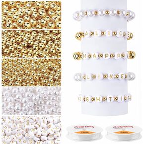 DECYOOL 1800Pcs Beads Making Kit, 1500Pcs Gold Round Spacer Beads Smooth Loose Ball Beads, 150Pcs Alphabet Beads, 150Pcs White Pearls Beads and 2 Rolls Elastic String for DIY Jewelry Craft