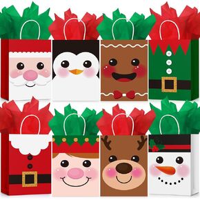 Censen 24 Pcs Medium Christmas Gift Bags with Tissue Paper Merry Christmas Xmas Kraft Paper Goodie Bags with Handle Bulk for Christmas Gift Wrapping Holiday Party Supplies 10 x 8 x 4''(Cute)