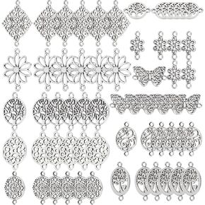 SUNNYCLUE 1 Box 60Pcs 10 Styles Flower Connector Charm Antique Bronze Hollow Filigree Floral Links Alloy Flat Round Leaf Knot Vintage Pendants for Jewelry Making Charms DIY Bracelets Findings