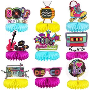 80s موضوع حزب الزينة 9pcs العسل المركزية للجداول، 1980s الرجعية ديكور الجدول توبر لعيد ميلاد الهبي زينة حزب النيون لوازم كشك الصور الدعائم in Kuwait