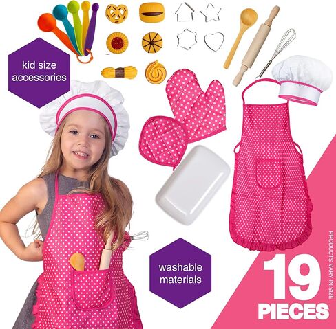 Next Milestones Chef Baking Set and Cooking Costume for Kids 19pc Apron Chef Hat Oven Mitt Hand Mixer Cookie Cutters Measuring Spoons Wooden Rolling Pin Wooden Ladle Mixer and Bag for Toy Storage in Kuwait