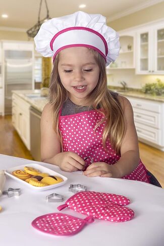 Next Milestones Chef Baking Set and Cooking Costume for Kids 19pc Apron Chef Hat Oven Mitt Hand Mixer Cookie Cutters Measuring Spoons Wooden Rolling Pin Wooden Ladle Mixer and Bag for Toy Storage in Kuwait