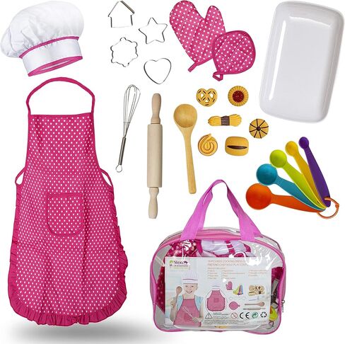 Next Milestones Chef Baking Set and Cooking Costume for Kids 19pc Apron Chef Hat Oven Mitt Hand Mixer Cookie Cutters Measuring Spoons Wooden Rolling Pin Wooden Ladle Mixer and Bag for Toy Storage in Kuwait