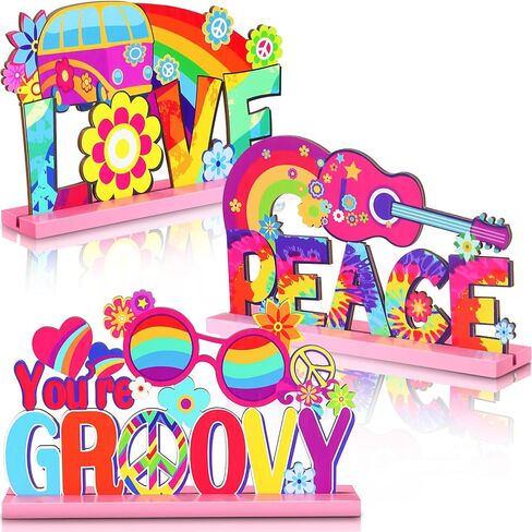 3 Pcs Groovy 60's Party Supplies Hippie Party Wooden Centerpieces for Tables Decorations Peace Sign Table Tie Dye Party Table Topper Centerpiece Sign for 60s 70s Hippy Birthday Party, 7.87 x 4.72 Inch in Kuwait