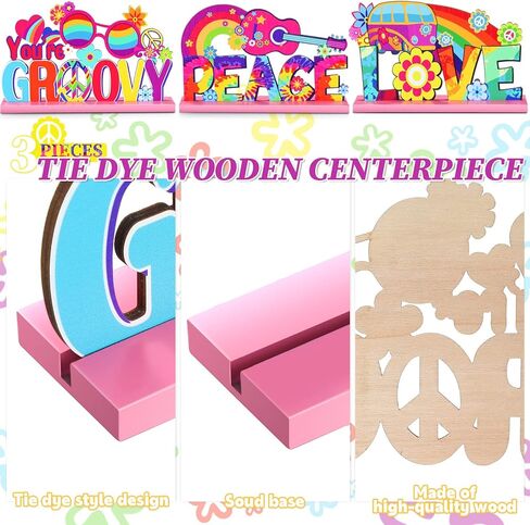 3 Pcs Groovy 60's Party Supplies Hippie Party Wooden Centerpieces for Tables Decorations Peace Sign Table Tie Dye Party Table Topper Centerpiece Sign for 60s 70s Hippy Birthday Party, 7.87 x 4.72 Inch in Kuwait
