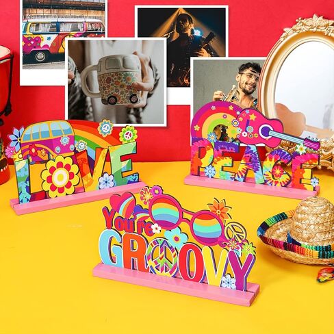 3 Pcs Groovy 60's Party Supplies Hippie Party Wooden Centerpieces for Tables Decorations Peace Sign Table Tie Dye Party Table Topper Centerpiece Sign for 60s 70s Hippy Birthday Party, 7.87 x 4.72 Inch in Kuwait