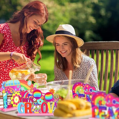 3 Pcs Groovy 60's Party Supplies Hippie Party Wooden Centerpieces for Tables Decorations Peace Sign Table Tie Dye Party Table Topper Centerpiece Sign for 60s 70s Hippy Birthday Party, 7.87 x 4.72 Inch in Kuwait