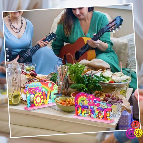 3 Pcs Groovy 60's Party Supplies Hippie Party Wooden Centerpieces for Tables Decorations Peace Sign Table Tie Dye Party Table Topper Centerpiece Sign for 60s 70s Hippy Birthday Party, 7.87 x 4.72 Inch in Kuwait