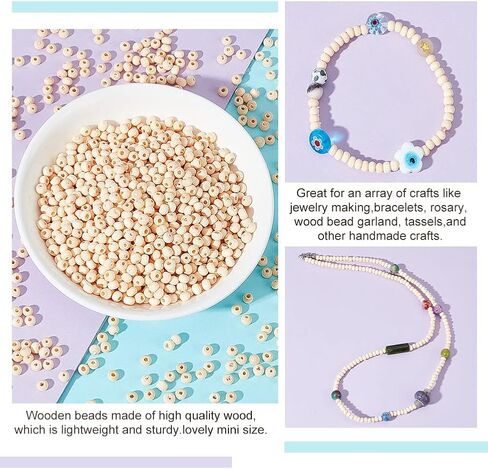 AHANDMAKER 1000pcs Wood Tude Beads, Undyed Natural Tiny Wooden Beads with 2mm Hole, 12x4mm Wood Beads for Crafts, Assorted Unfinished Wooden Loose Beads Spacer Beads for DIY Bracelet Jewelry Making in Kuwait