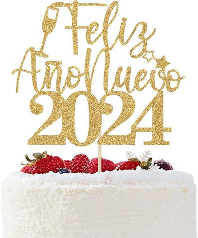 Feliz Año Nuevo 2024 Cake Topper, 2024 New Year Cake Decorations, Hello 2024, Spanish Happy New Year Party Decorations Gold Glitter in Saudi Arabia